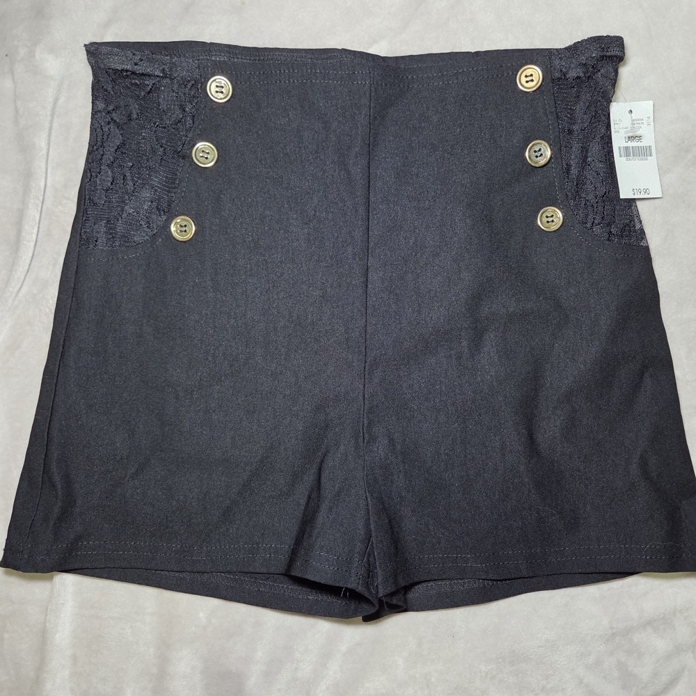 Wet Seal Black Sailor Style Shorts Lace Pocket Trim Stretch‎ High Rise Size L